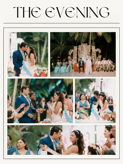 An editorial-style collage titled "The Evening," capturing moments from the reception, including the cake cutting and celebrations with the wedding party.