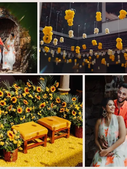 A moodboard collage capturing the vibrant energy of a Haldi ceremony, from the couple's joyful moments to the stunning sunflower and marigold decor.