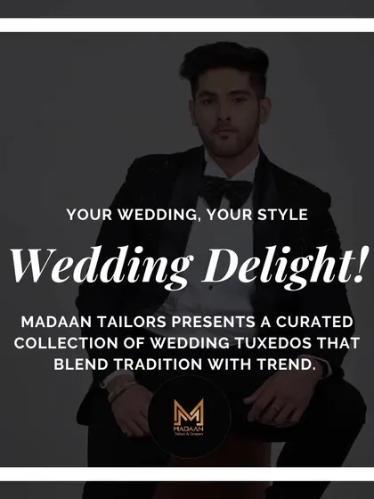 A promotional graphic for our wedding tuxedo collection, blending tradition with trend.