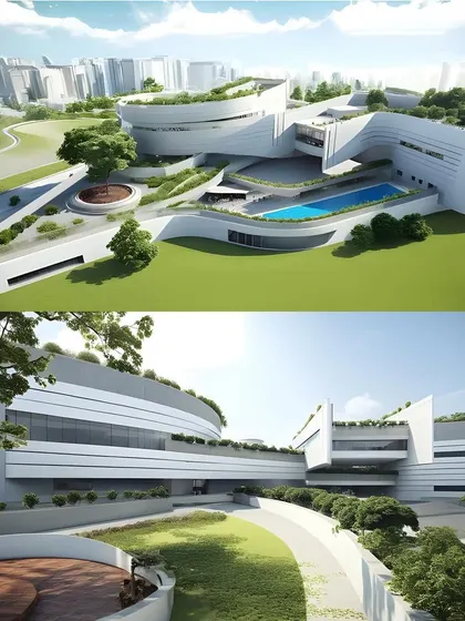 Visualizations of the concept, showing a large public building with extensive green roofs and plazas.