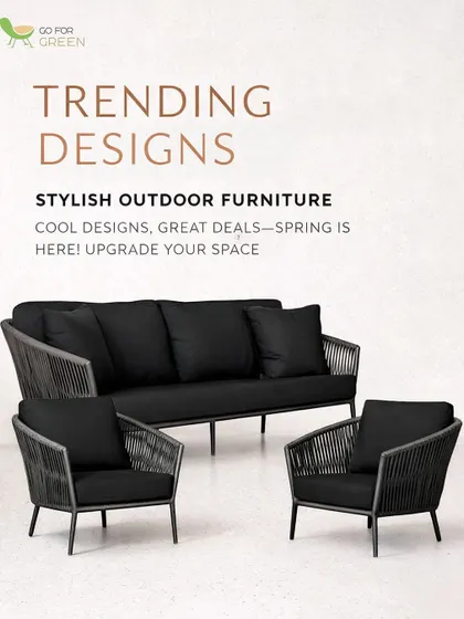 This image showcases a complete outdoor sofa set from our trending designs collection. The set includes a three-seater sofa and two single-seater lounge chairs, all featuring a modern black rope-weave design and thick, comfortable cushions. It’s a perfect representation of the sleek, contemporary style we offer for a complete patio or terrace arrangement.