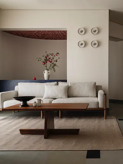 A quiet moment in Apartment 1005, where we created distinct enclaves for each family member. This view shows the living area and bar, defined by clean lines, custom teak furniture, and a palette of earthy, natural materials that feel both timeless and modern.
