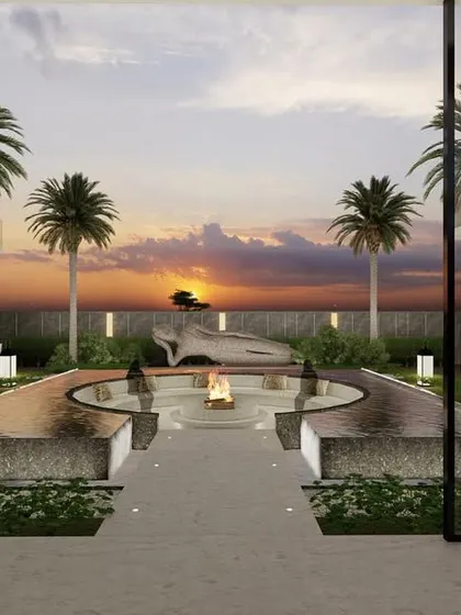 A conceptual design for a serene outdoor oasis in Amritsar. This space features a central fire pit surrounded by a reflecting pool, viewed from an indoor living area through frameless glass walls, creating a perfect sunset view.