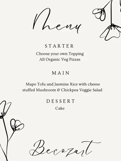 The menu for a special full moon dinner, featuring organic veg pizzas and a main course of Mapo Tofu with jasmine rice. We partner with talented chefs to create unique and memorable dining experiences.