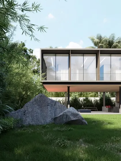 The clubhouse is conceived as a series of floating planes and volumes nestled in a lush landscape. Large boulders and dense bamboo planting create a natural setting for the light, modern steel structure.