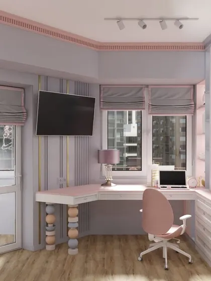 A fun and functional girl's room in pastel pink and lavender, with a corner study desk, ample storage, and a cool astronaut neon light.