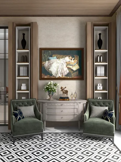 A bold, geometric black-and-white floor provides a dramatic foundation for this seating area. We introduced two custom armchairs in a deep green velvet to add a touch of color, while the surrounding wooden joinery brings warmth and texture.