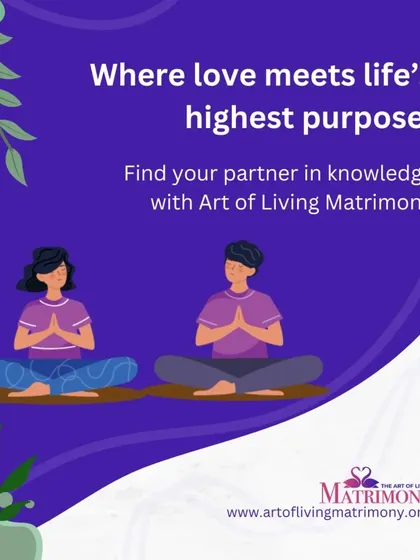 An illustration of a couple meditating, with the message, "Where love meets life's highest purpose!" It positions marriage as a journey of shared growth and purpose.