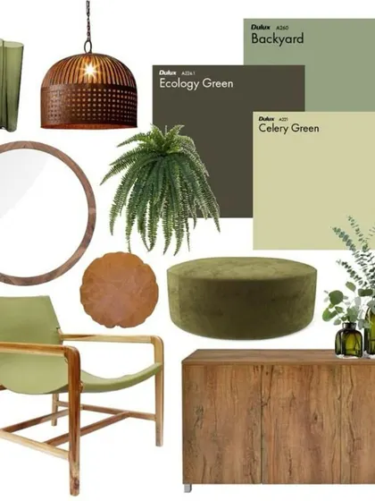 A mood board inspired by the colors of nature. This palette combines various shades of green with natural wood tones and textures, perfect for creating a refreshing and eco-friendly interior design.