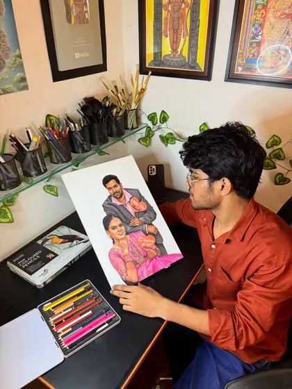 A cute couple portrait in colour pencil for a client from TamilNadu. The playful hearts add a personal touch to this lovely A3 sketch.