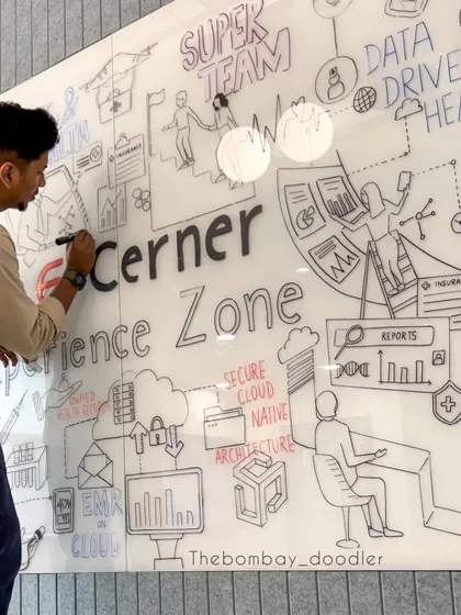 Here I am, live doodling on a glass wall for an Accenture and Oracle event. The artwork explores the future of HealthTech, from data-driven health centers to secure cloud architecture.