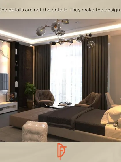 This image showcases a luxurious bedroom design with dark wood tones, a statement chandelier, and a comfortable seating area. The details are what make this design truly special.