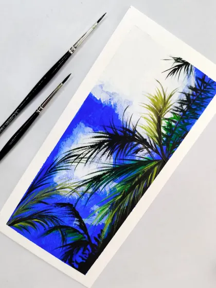 My first attempt at a mini painting, featuring palm leaves against a bright blue sky. This quick, half-hour piece was a fun experiment with acrylics on a small scale.