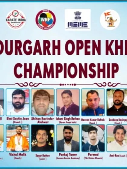 The official banner for the 1st Bahadurgarh Open Khel Karate Championship, featuring the chief guests and organizers.