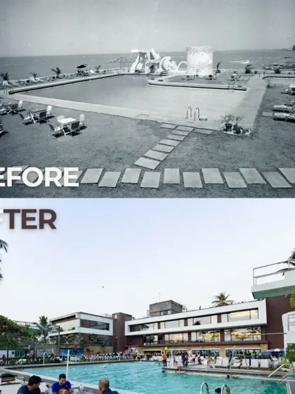 This before-and-after view of the Otters Club in Mumbai, first designed in 1973, demonstrates our philosophy of adaptive reuse. We revitalized the iconic club, respecting its original character while modernizing its facilities to meet contemporary needs, ensuring its legacy continues for a new generation.
