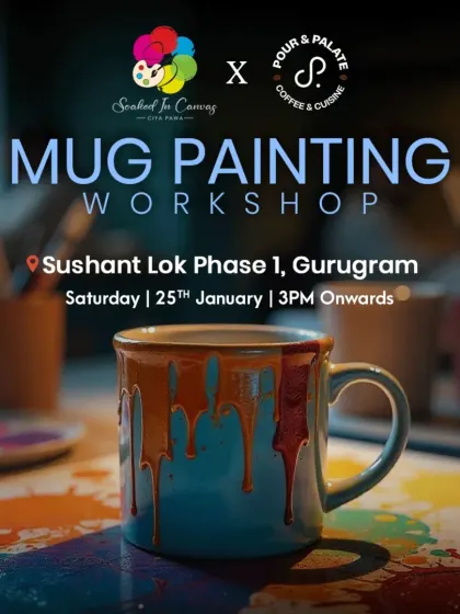 Our mug painting workshop poster, featuring a creatively paint-splattered mug that perfectly captures the fun and messy nature of art.