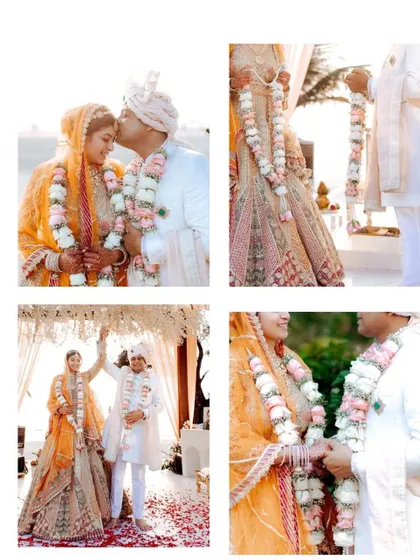 A collage showing a happy couple during their wedding ceremony, highlighting the beautiful custom-made floral garlands (jaimalas) we provide.