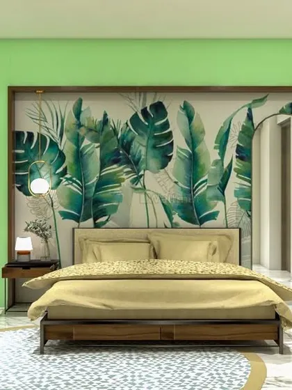 A full view of the tropical-themed bedroom concept, showing how the green accent wall and natural materials create a vibrant and relaxing retreat.