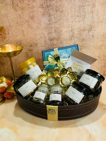 Our grand 'Regal Affairs' Diwali Basket, overflowing with jars of our best-selling treats and festive decor.