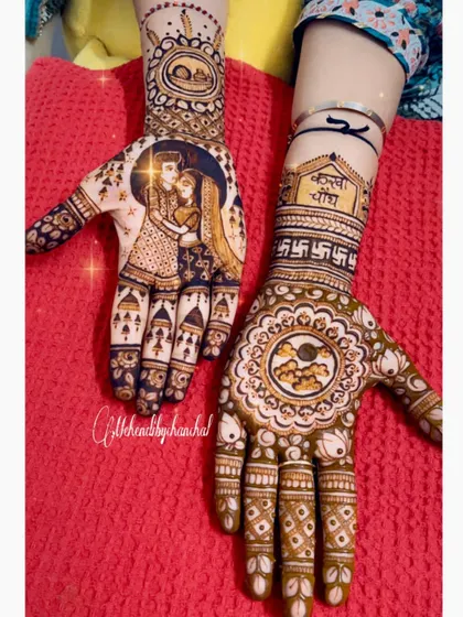 This Karwa Chauth design features a loving couple portrait on one hand and a symbolic 'diya' and moon design on the other, complete with Swastika symbols for good fortune.