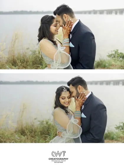 A romantic collage of a couple during their Sangeet, sharing tender moments by the water.