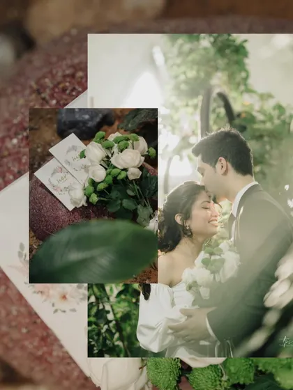 An artistic collage capturing the essence of Charlene and Dexter's elopement in Dubai. It blends a portrait of the couple with details like their vows and the floral bouquet.