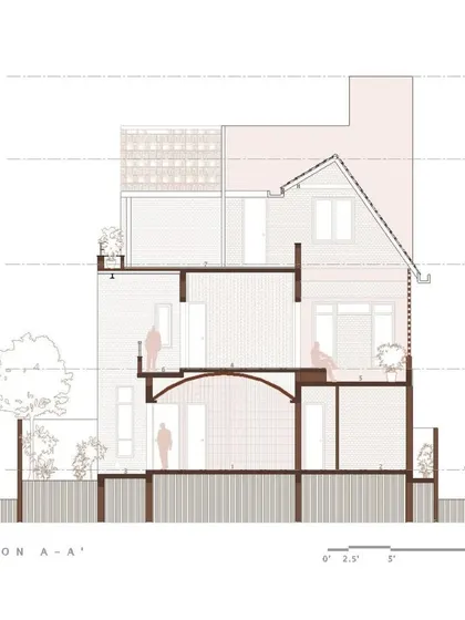 An architectural section drawing of the Madhura residence, illustrating the play of different roof forms and the double-height volumes within the home.