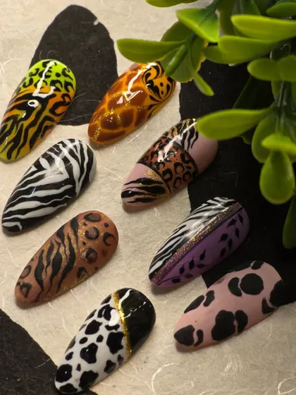A collection of different animal print nail art designs. These patterns are always in demand and are a great skill for any nail technician to have in their portfolio.