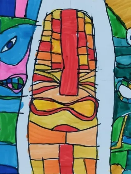 A close-up detail of a tiki mask drawing. This shows the intricate patterns and color blocking that students learn to master through our step-by-step guidance.