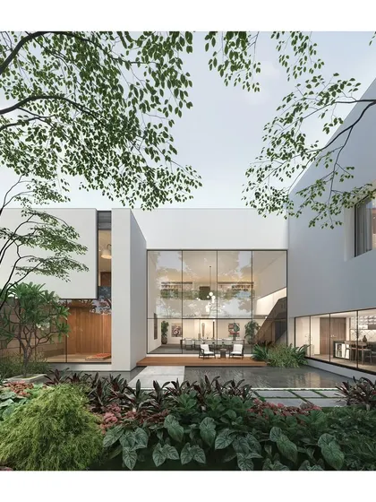 A rendering for a house in Coimbatore, where the building itself forms a courtyard. The design uses large glass walls to frame the central garden like a living work of art.