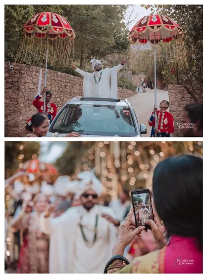 The groom's energetic baraat entry, capturing the excitement from both his perspective and that of the guests.