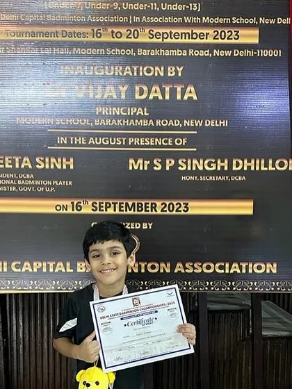 Our 6-year-old state champion, Advit Mishra, proudly holding his merit certificate at the Pradeep Virendra Singh Memorial tournament.