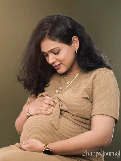 A quiet moment of connection. This close-up shot focuses on the mother's gentle expression as she looks down at her belly, a simple and powerful image of love.