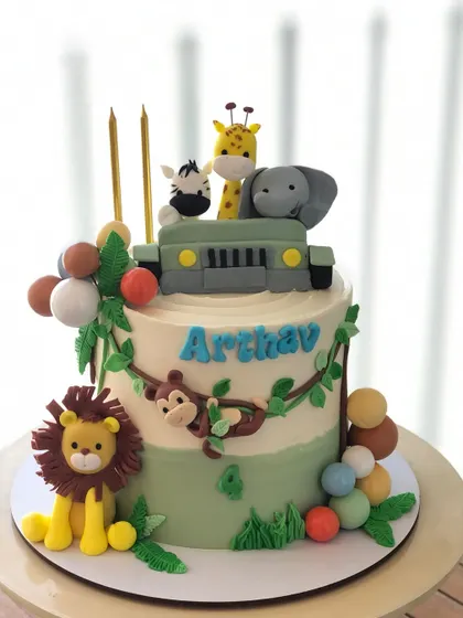 A safari jeep cake, with a monkey, lion, and other animals going for a birthday ride.
