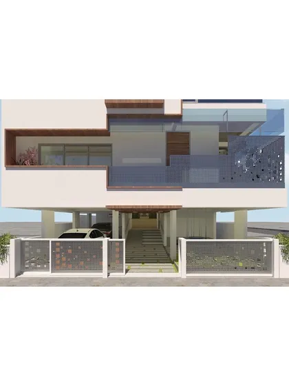 An identical frontal render of the Tiwari Residence, offering a clear look at the proposed material finishes and design details for the facade.