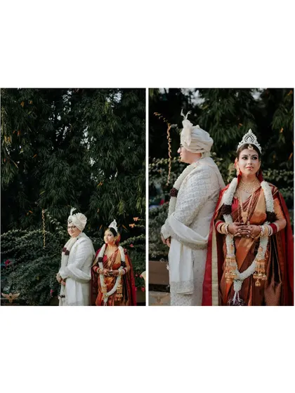 A diptych showing the couple during their ceremony. These two frames capture their regal presence and the traditional attire in a formal, observational style.