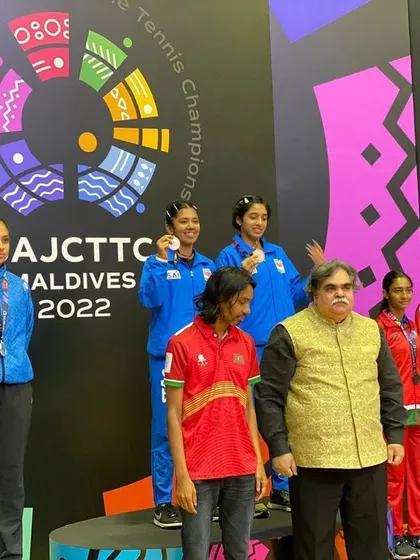 The podium at the South Asian Junior Championship in Maldives, with our players taking the top spots.