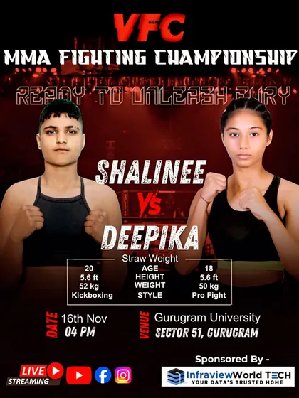 The official fight poster for the VFC MMA Fighting Championship, featuring my student Deepika. We get our fighters ready to unleash fury.