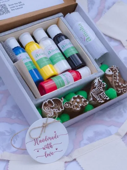This is our bestselling Animal Kingdom DIY kit, designed to spark creativity in young artists. It comes with four hand carved animal blocks, a cloth bunting, bookmarks, and my special organic, child safe paints. It’s a wonderful way to introduce children to the joy of making things by hand.