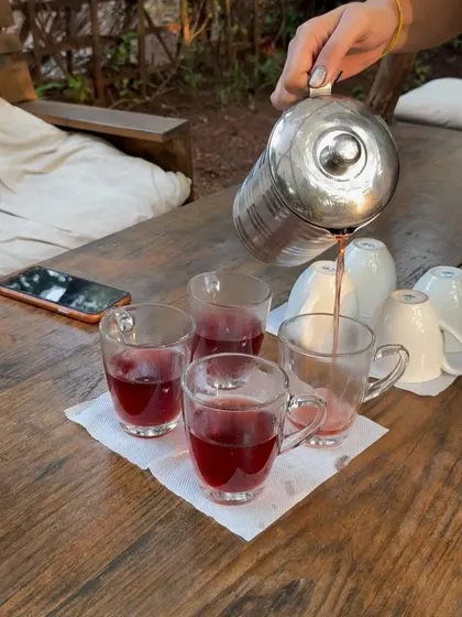 Pouring herbal tea, a simple ritual that we practice throughout the day to stay hydrated and calm. The teas are often made with fresh herbs from the farm.