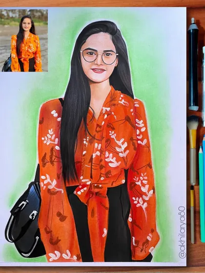The bright orange patterned shirt is the star of this A3 colored pencil portrait. I love working with vibrant colors and detailed patterns to create lively drawings.
