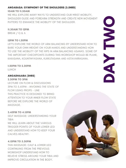 Our workshop schedules are thoughtfully designed to build a complete practice. Day two of this immersion focused on the "Symphony of the Shoulders," exploring wrist mobility, arm balancing, and even Thai massage techniques for recovery.