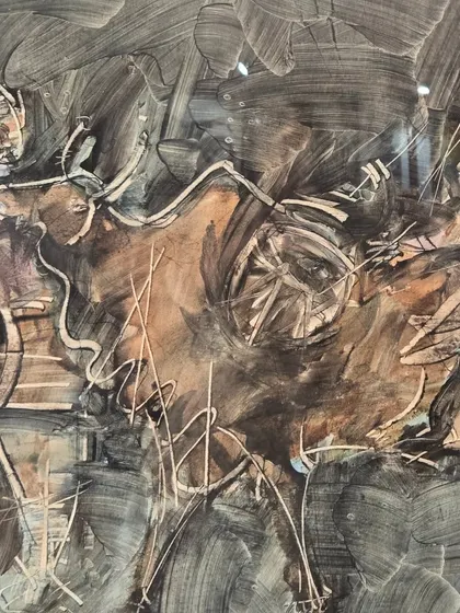 This abstract painting by the remarkable artist Thota Tharani is a masterclass in expressive brushwork. The chaotic yet harmonious composition in earthy tones is a powerful example of modern Indian art.