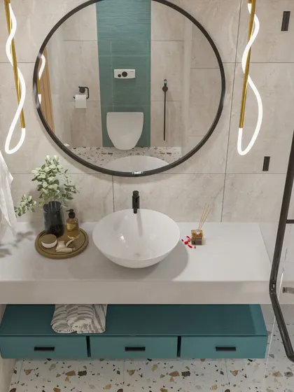 The vanity area features a large round mirror, a vessel sink, and floating drawers, creating a light and spacious feel.