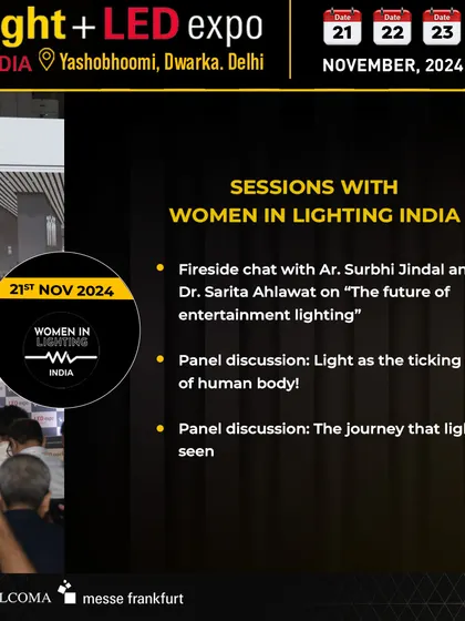 This promotional graphic summarizes the sessions we host with Women in Lighting India. From fireside chats on entertainment lighting to panels on human biology, we cover a wide spectrum of fascinating subjects.