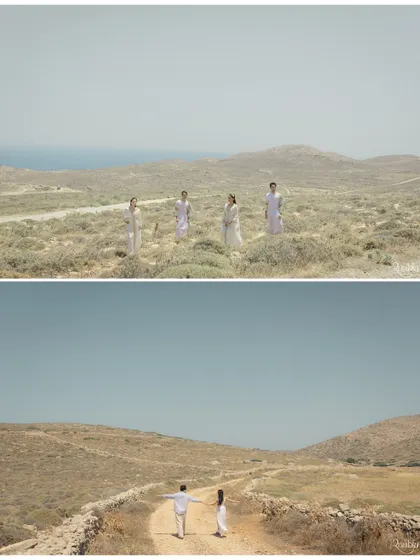 The vast, minimalist landscape of Folegandros, Greece, creates a stunning canvas for these portraits. The diptych shows both a family portrait and a romantic walk, highlighting the versatility of the location.