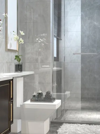 This view shows the complete bathroom setting, featuring a dark wood vanity that provides a rich contrast against the light grey wall and floor tiles. The design demonstrates how my custom furniture integrates perfectly within the overall interior design.
