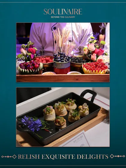 A collage inviting you to relish exquisite delights, from a fresh berry station to savory vol-au-vents. Our banquets are a world of sophistication.