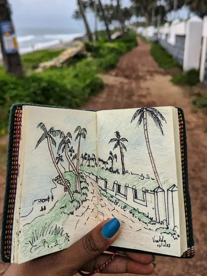 Another view of my Varkala sketch, this time with the red earth path in the foreground, showing how the drawing reflects the real location.