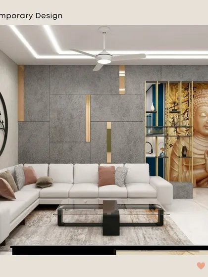 A render of a living room where tranquility meets modern design. A large, golden Buddha relief is visible through a glass partition, complementing the neutral-toned sofa and textured grey wall.